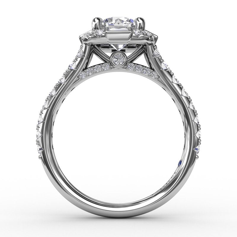 Cushion Shaped Diamond Halo Engagement Ring With Baguettes S3286 - TBird