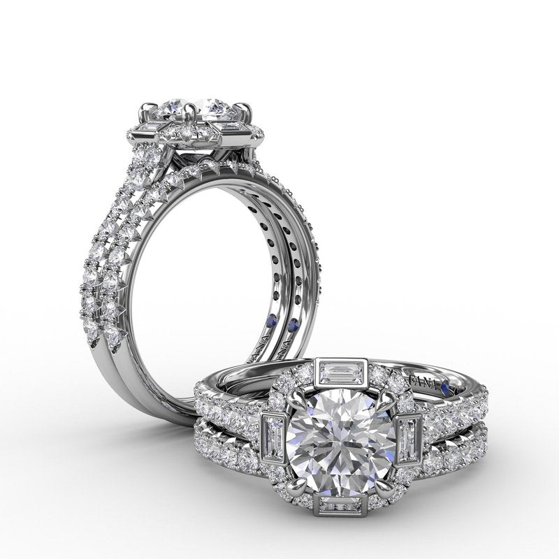 Cushion Shaped Diamond Halo Engagement Ring With Baguettes S3286 - TBird