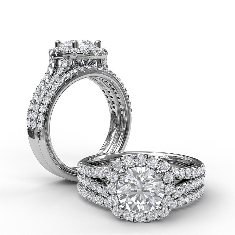 Cushion Halo Engagement Ring with a Diamond Encrusted Split Band S3891 - TBird