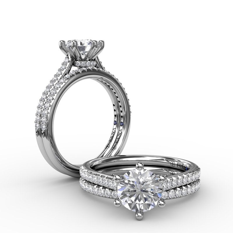 Six - Prong Round Diamond Engagement Ring with 1/2 Diamond Band S4022 - TBird