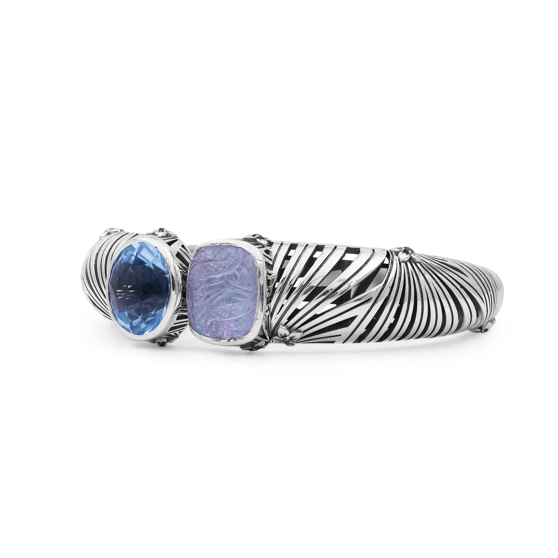 carventurous-faceted-blue-topaz-hand-carved-natural-quartz-mother-of-pearl-and-green-agate-open-and-close-bangle-in-sterling-silver