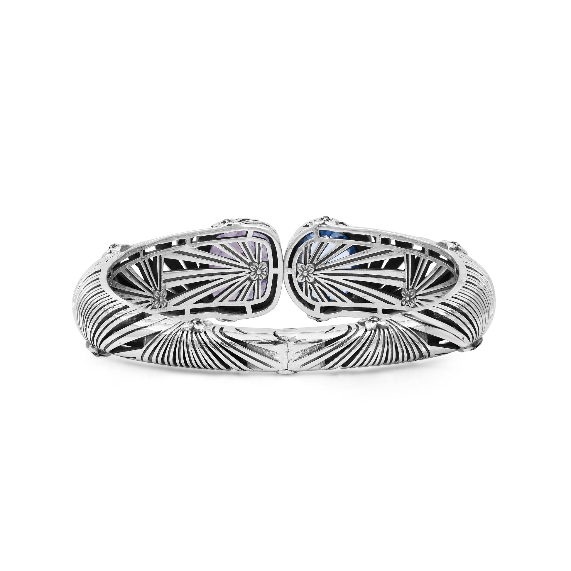 carventurous-faceted-blue-topaz-hand-carved-natural-quartz-mother-of-pearl-and-green-agate-open-and-close-bangle-in-sterling-silver