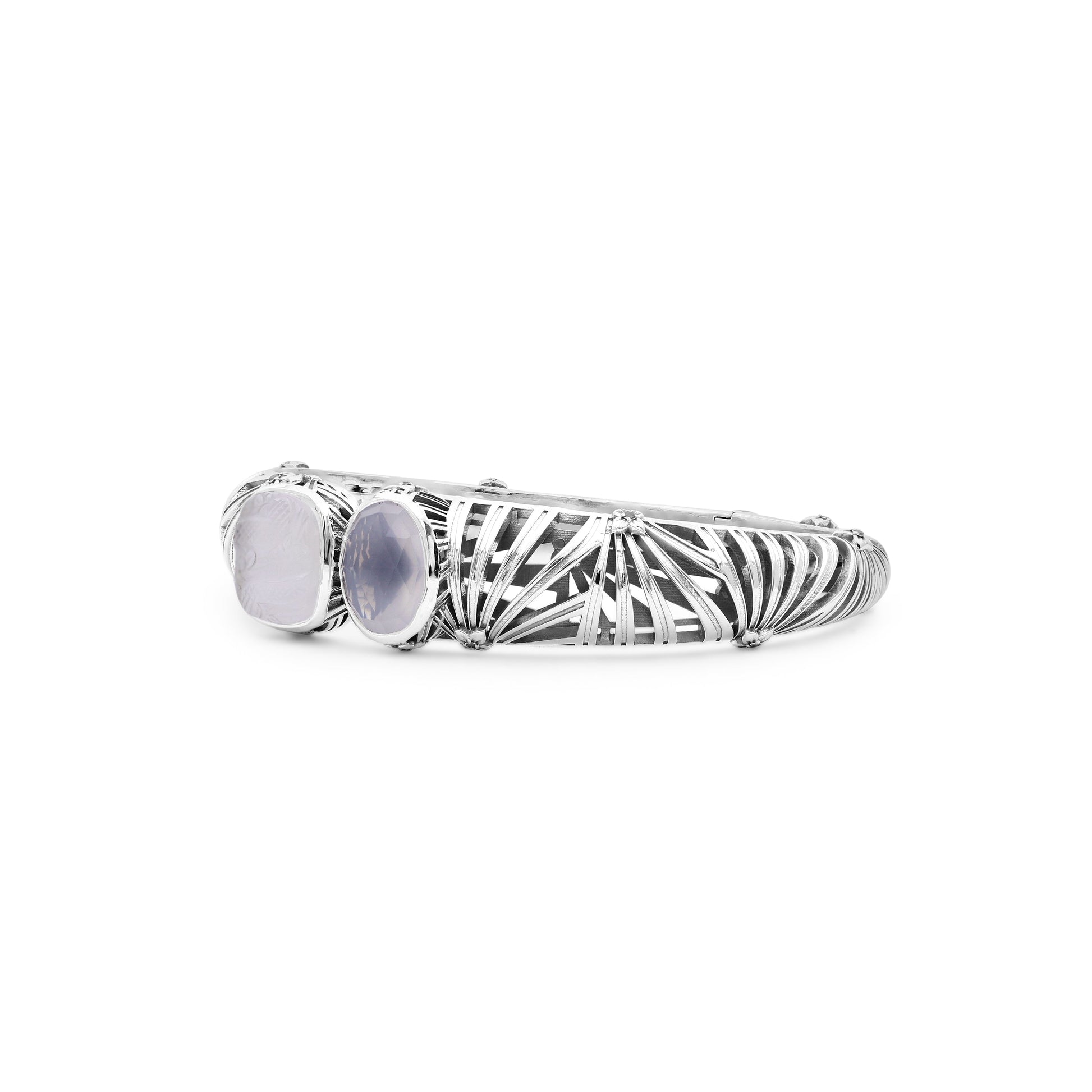 carventurous-faceted-moon-quartz-hand-carved-natural-quartz-and-mother-of-pearl-open-and-close-bangle-in-sterling-silver