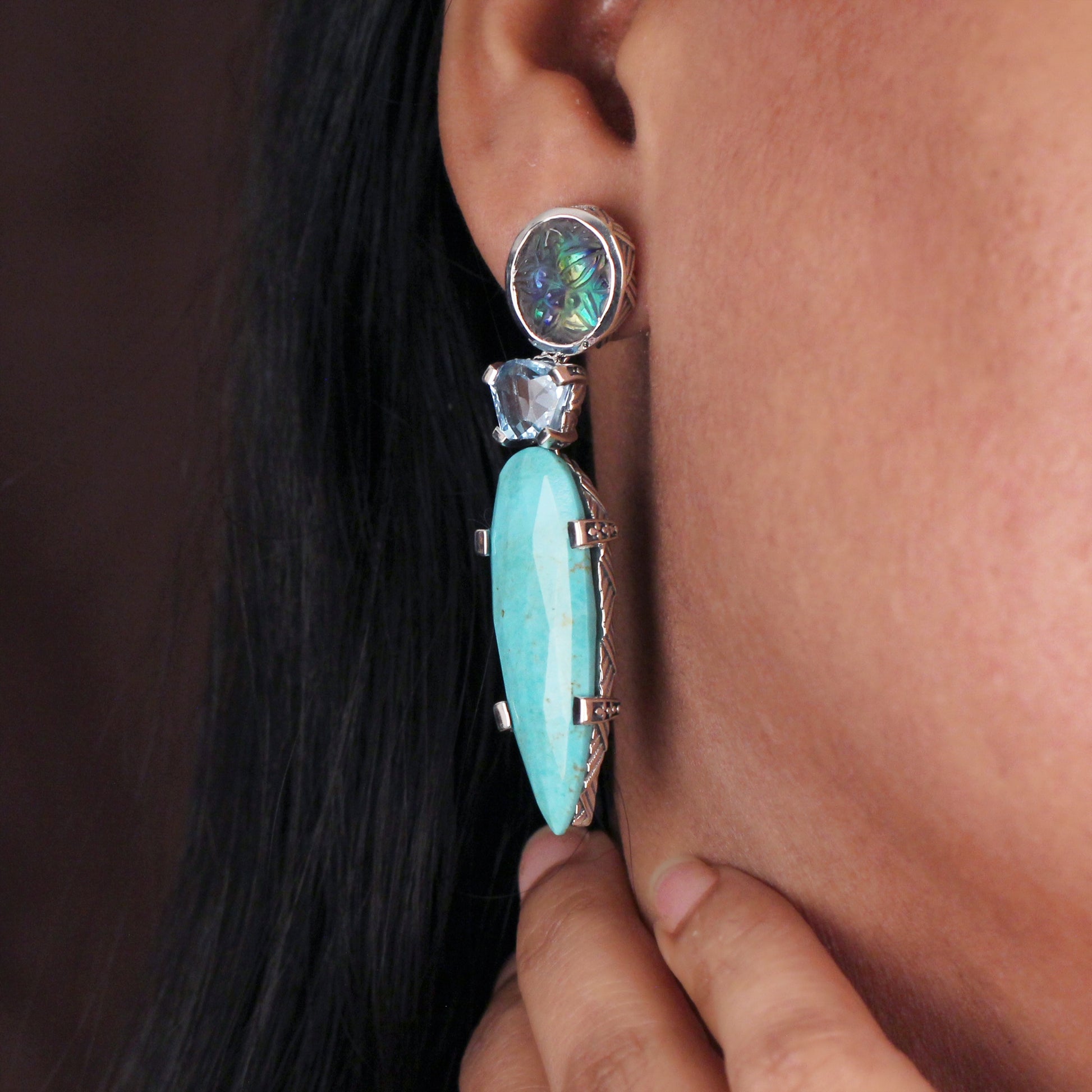 carventurous-hand-carved-natural-quartz-abalone-faceted-blue-topaz-and-faceted-turquoise-earrings-in-sterling-silver