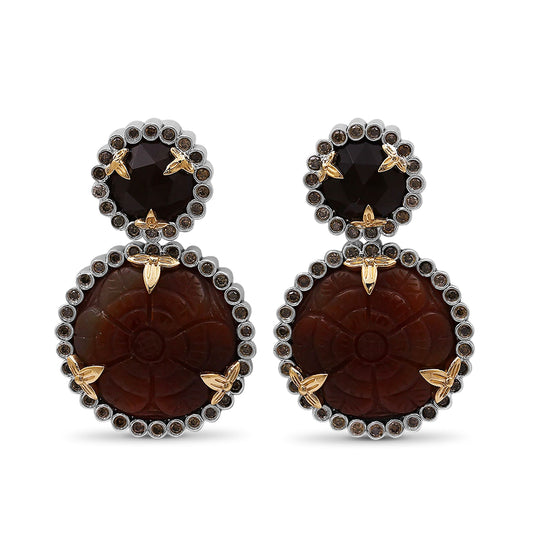 carventurous-hand-carved-and-faceted-carnelian-and-champagne-diamond-1-15ct-earrings-in-sterling-silver-with-18k-gold-flowers