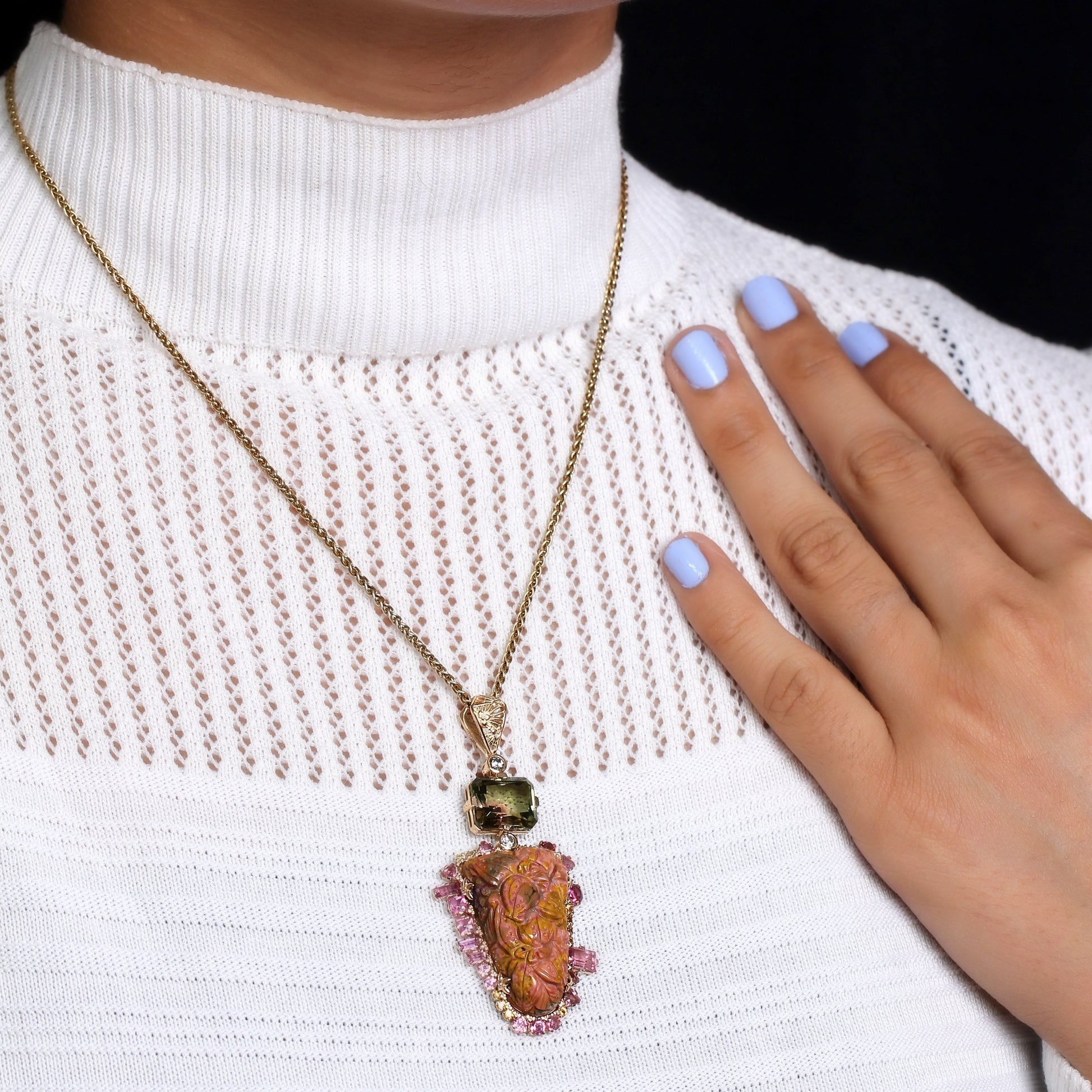 luxury-hand-carved-sunset-jasper-34-3ct-bi-color-tourmaline-6-7ct-yellow-sapphire-0-40ct-pink-tourmaline-2-8ct-and-diamond-0-25ct-pendant-in-18k-gold