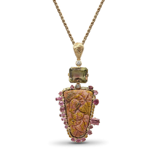 luxury-hand-carved-sunset-jasper-34-3ct-bi-color-tourmaline-6-7ct-yellow-sapphire-0-40ct-pink-tourmaline-2-8ct-and-diamond-0-25ct-pendant-in-18k-gold
