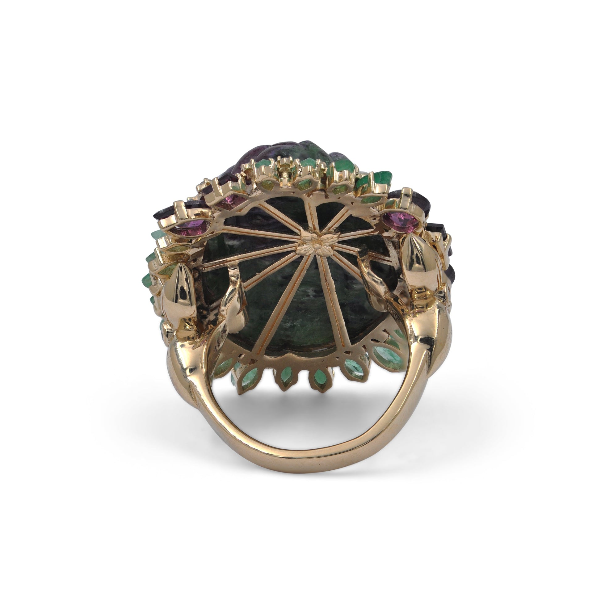 luxury-hand-carved-ruby-zoisite-34ct-emerald-rhodolite-garnet-and-diamond-0-25ct-ring-in-18k-gold