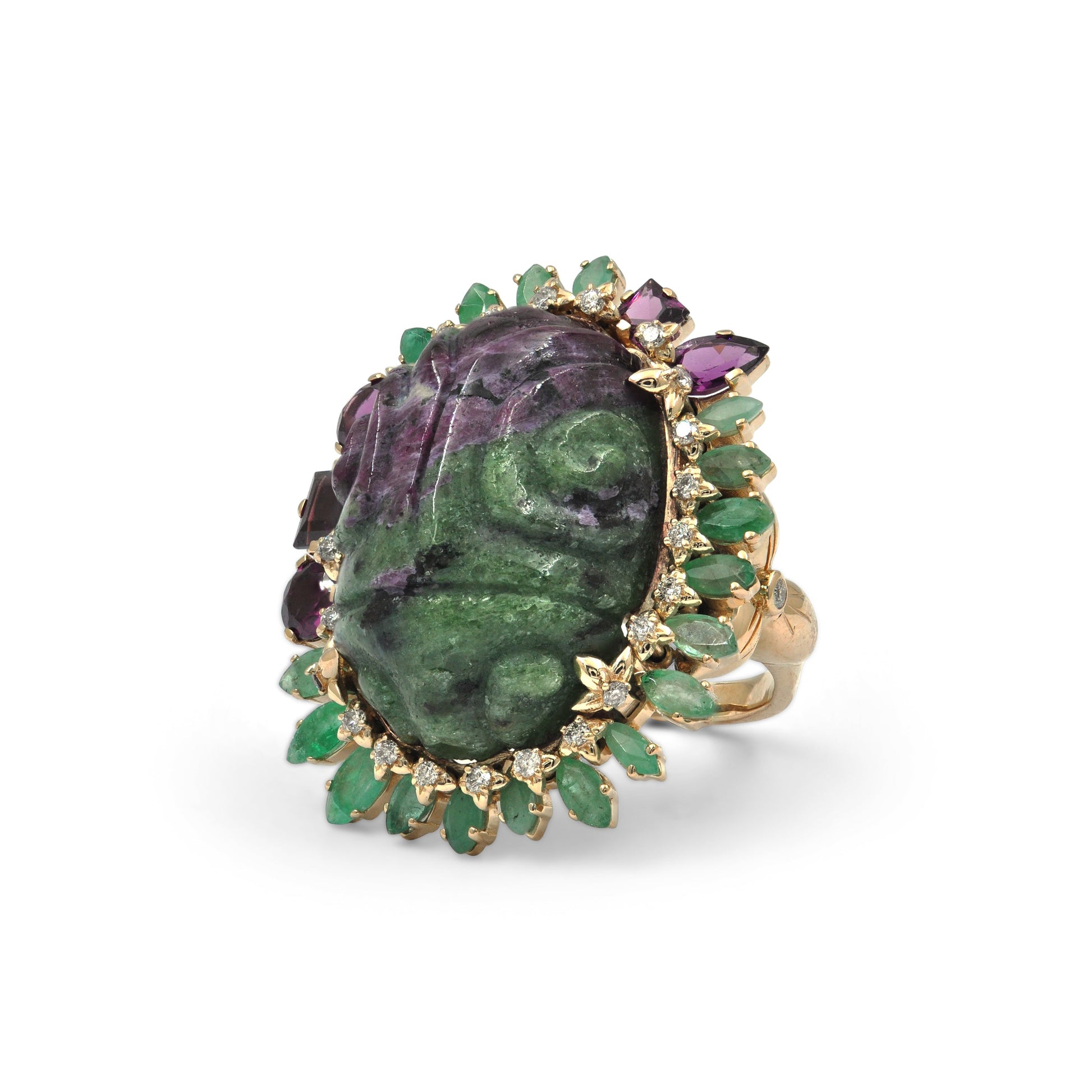 luxury-hand-carved-ruby-zoisite-34ct-emerald-rhodolite-garnet-and-diamond-0-25ct-ring-in-18k-gold