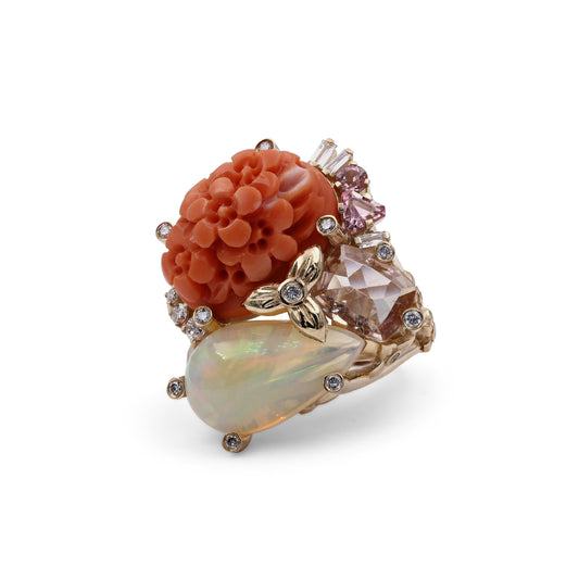luxury-hand-carved-coral-14-5ct-ethiopian-opal-5-1ct-morganite-1-5ct-pink-tourmaline-0-40ct-and-diamond-0-45ct-ring-in-18k-gold