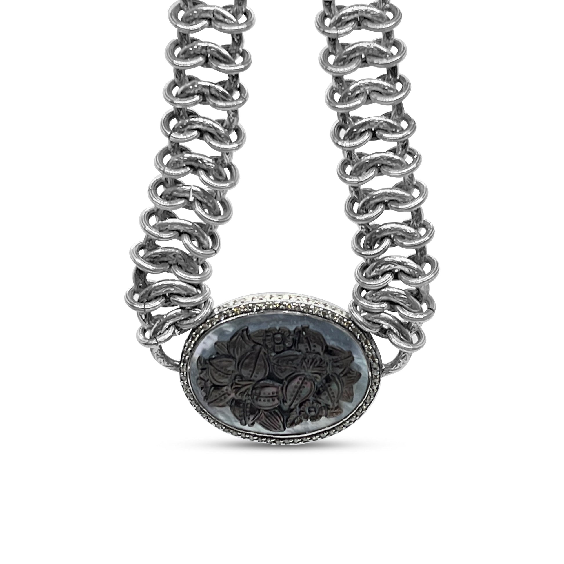 legacy-hand-carved-tahitian-mother-of-pearl-and-champagne-diamond-0-85ct-necklace-in-woven-sterling-silver