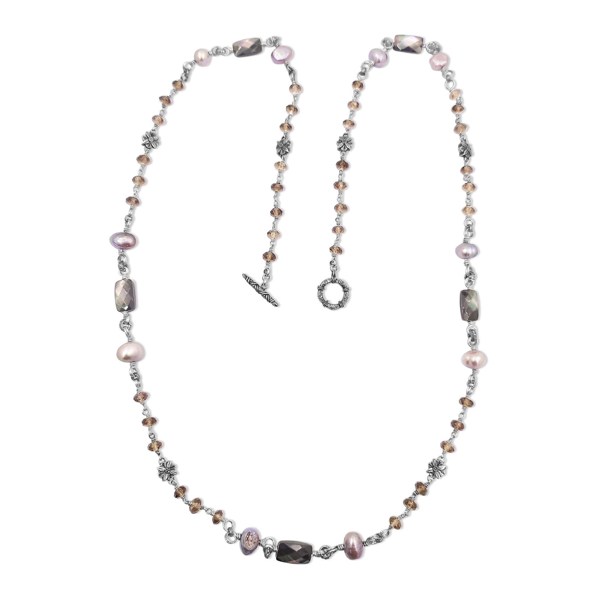 terraquatic-long-single-strand-of-smoky-qtz-silver-pearls-and-faceted-grey-mop-with-sterling-silver-details