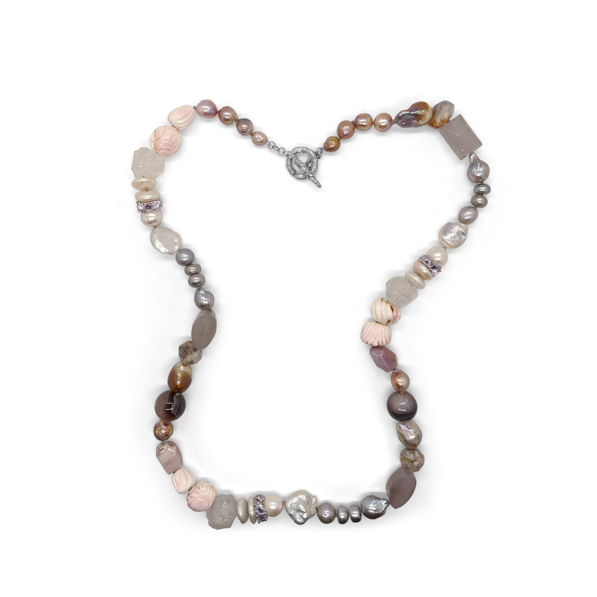 terraquatic-collage-necklace-of-tourmalated-kunzite-galactical-cut-lavender-moon-quartz-rondelle-crazy-lace-agate-hand-carved-caribbean-conch-shell-and-baroque-pearls-in-sterling-silver