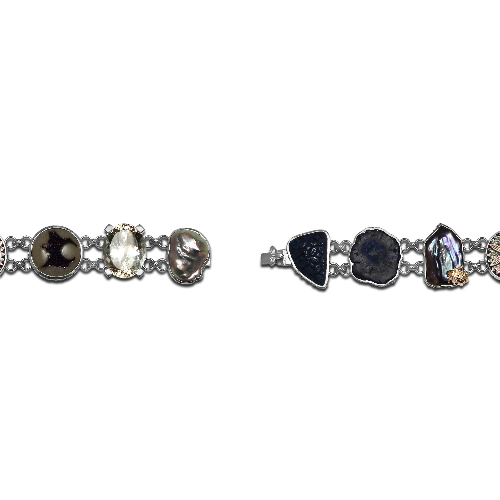 one-of-a-kind-blue-sapphire-natural-druzy-tahitian-carved-top-over-blue-sodalite-azurite-nodule-carved-blue-lapis-pearl-formation-facet-champagne-pearl-formation-bracelet-in-sterling-silver-with-18k-gold-adam