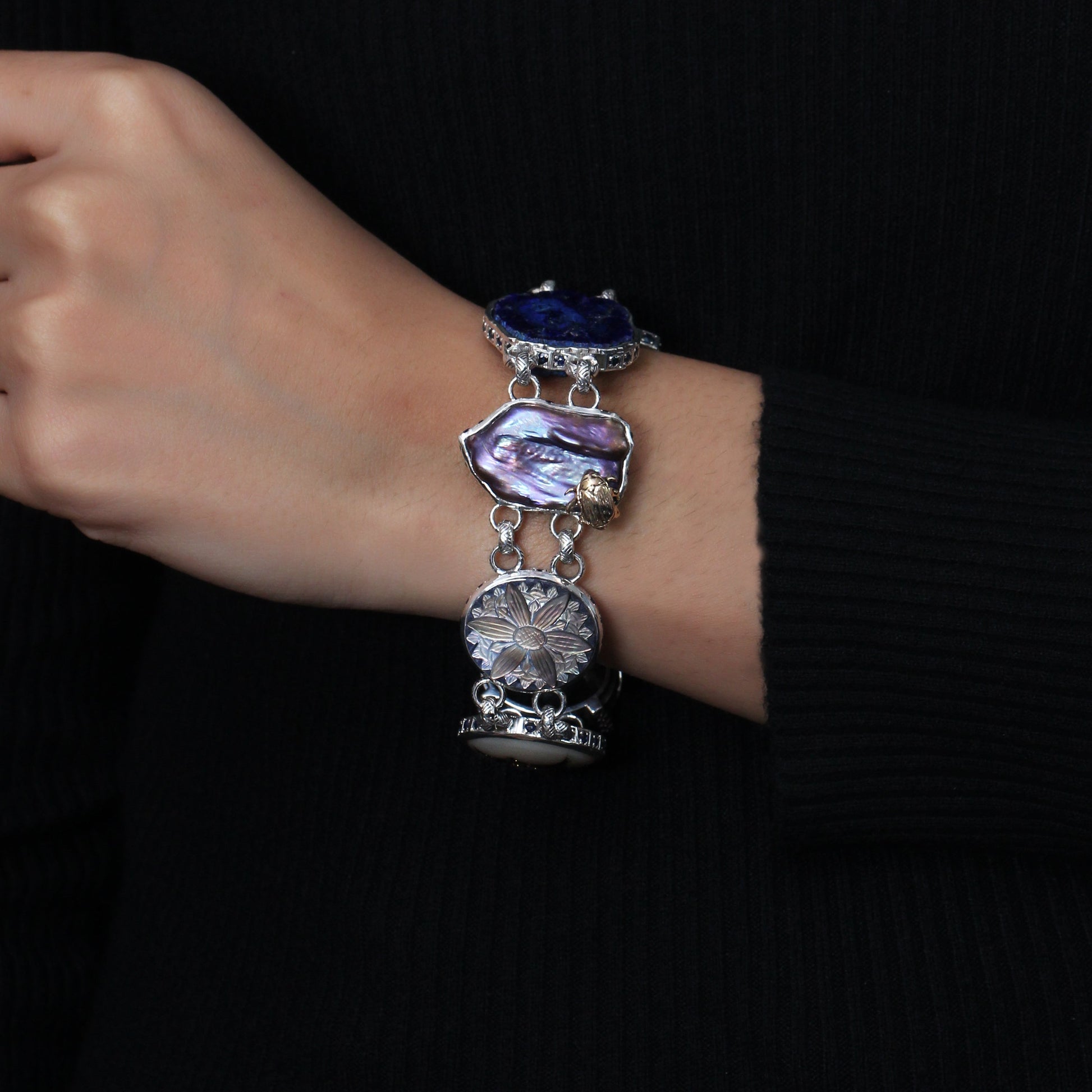 one-of-a-kind-blue-sapphire-natural-druzy-tahitian-carved-top-over-blue-sodalite-azurite-nodule-carved-blue-lapis-pearl-formation-facet-champagne-pearl-formation-bracelet-in-sterling-silver-with-18k-gold-adam