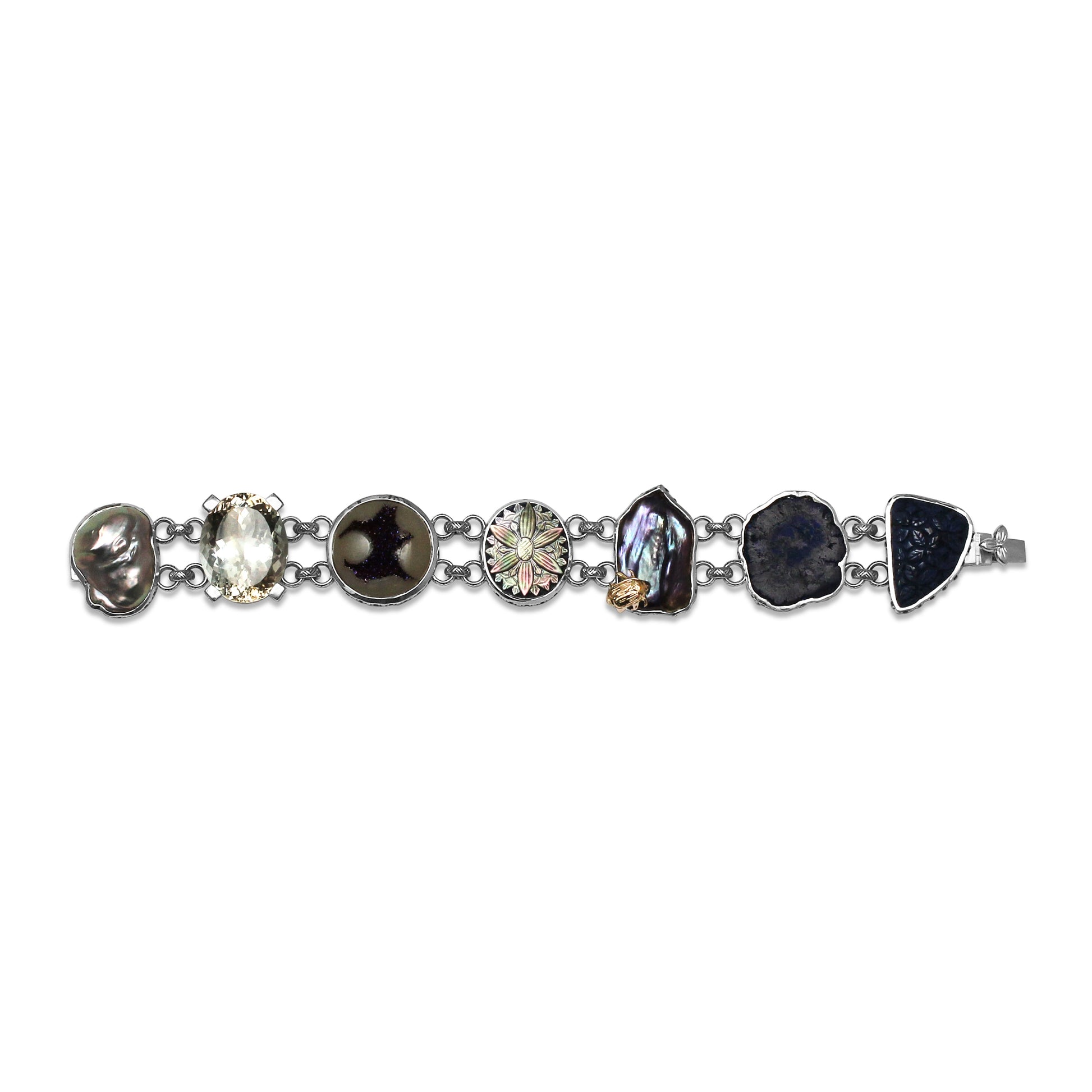 one-of-a-kind-blue-sapphire-natural-druzy-tahitian-carved-top-over-blue-sodalite-azurite-nodule-carved-blue-lapis-pearl-formation-facet-champagne-pearl-formation-bracelet-in-sterling-silver-with-18k-gold-adam