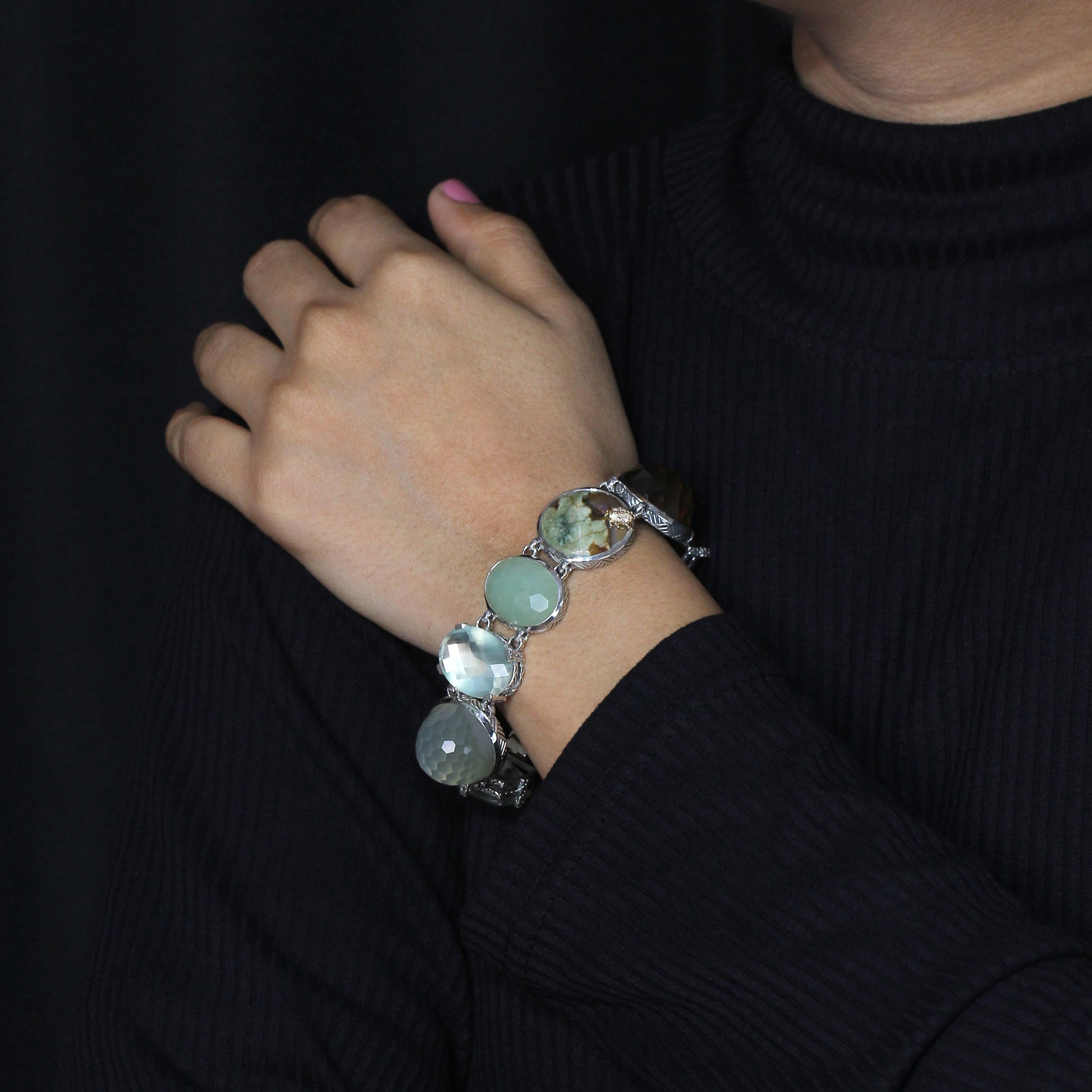 one-of-a-kind-facet-gold-hair-rutilated-green-moonstone-facet-brown-milky-quartz-facet-green-moonstonefacet-top-jade-facet-green-hair-rutilated-quartz-cooper-schist-and-diamond-0-08ct-bracelet-in-sterling-silver-with-18k-gold-diamond-pave-adam