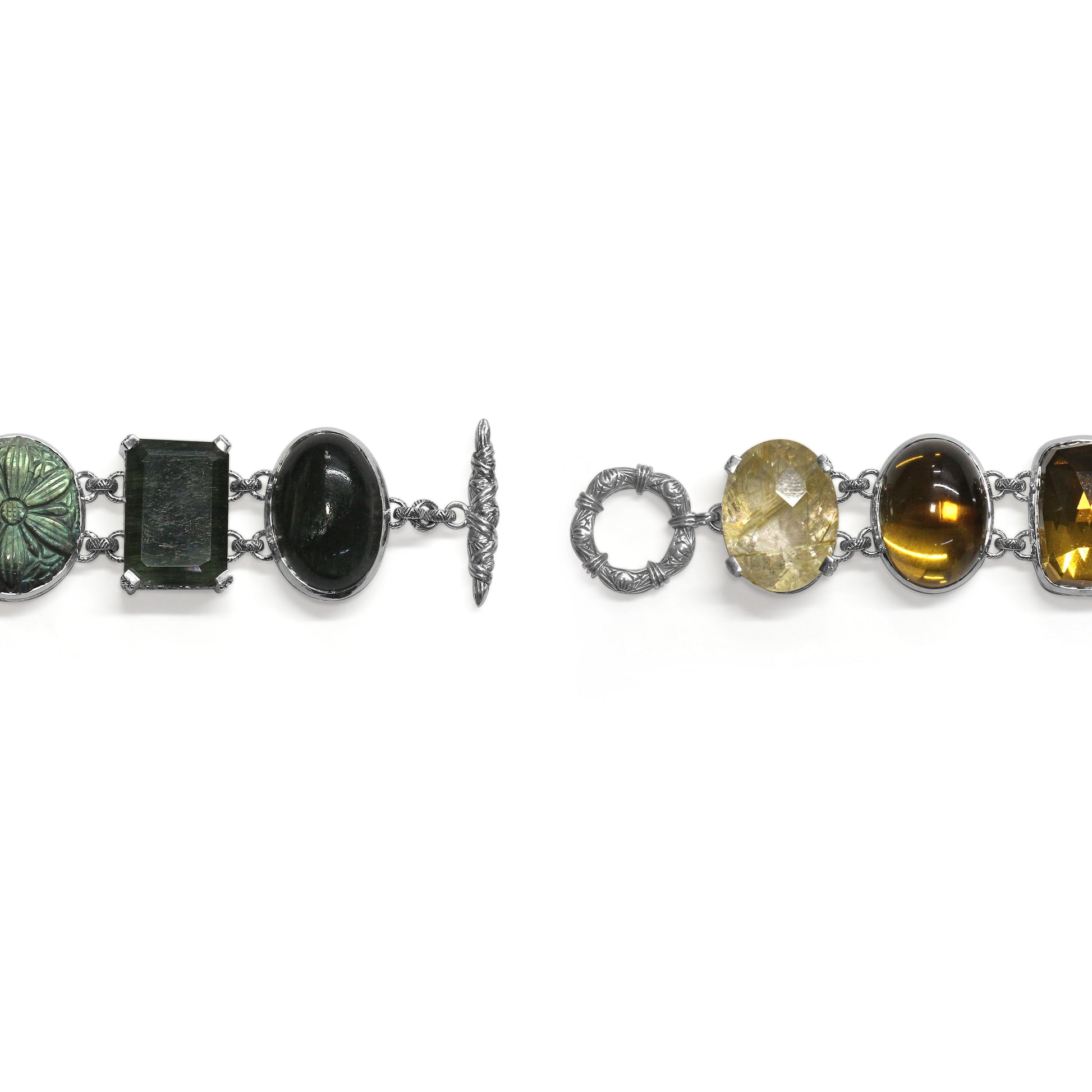 one-of-a-kind-smooth-labradorite-facet-green-hair-rutilated-quartz-facet-gold-hair-rutilated-quartz-facet-olivehand-carved-labradorite-smooth-green-tourmaline-and-diamond-0-05ct-bracelet-in-sterling-silver-with-18k-gold-diamond-pave-adam