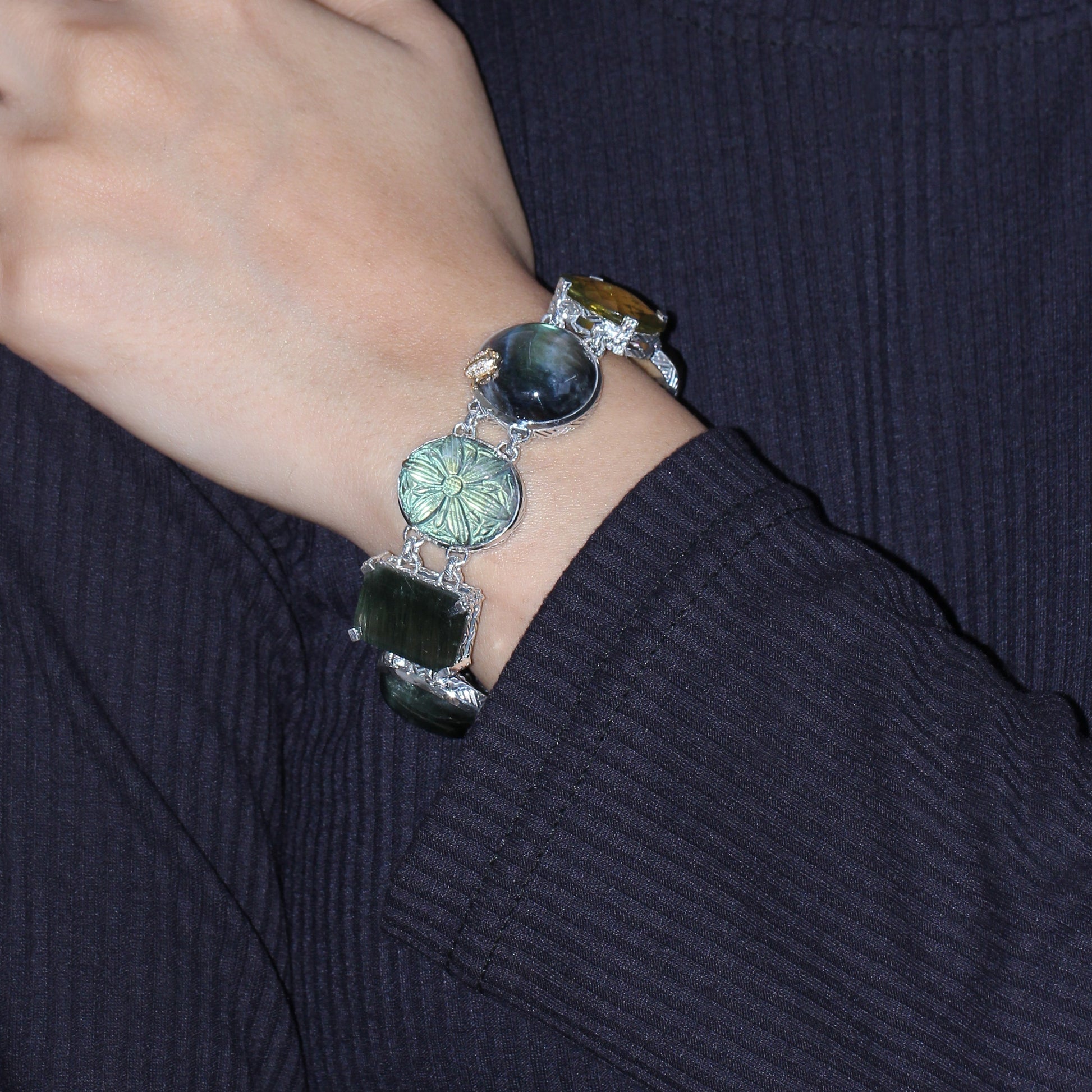 one-of-a-kind-smooth-labradorite-facet-green-hair-rutilated-quartz-facet-gold-hair-rutilated-quartz-facet-olivehand-carved-labradorite-smooth-green-tourmaline-and-diamond-0-05ct-bracelet-in-sterling-silver-with-18k-gold-diamond-pave-adam