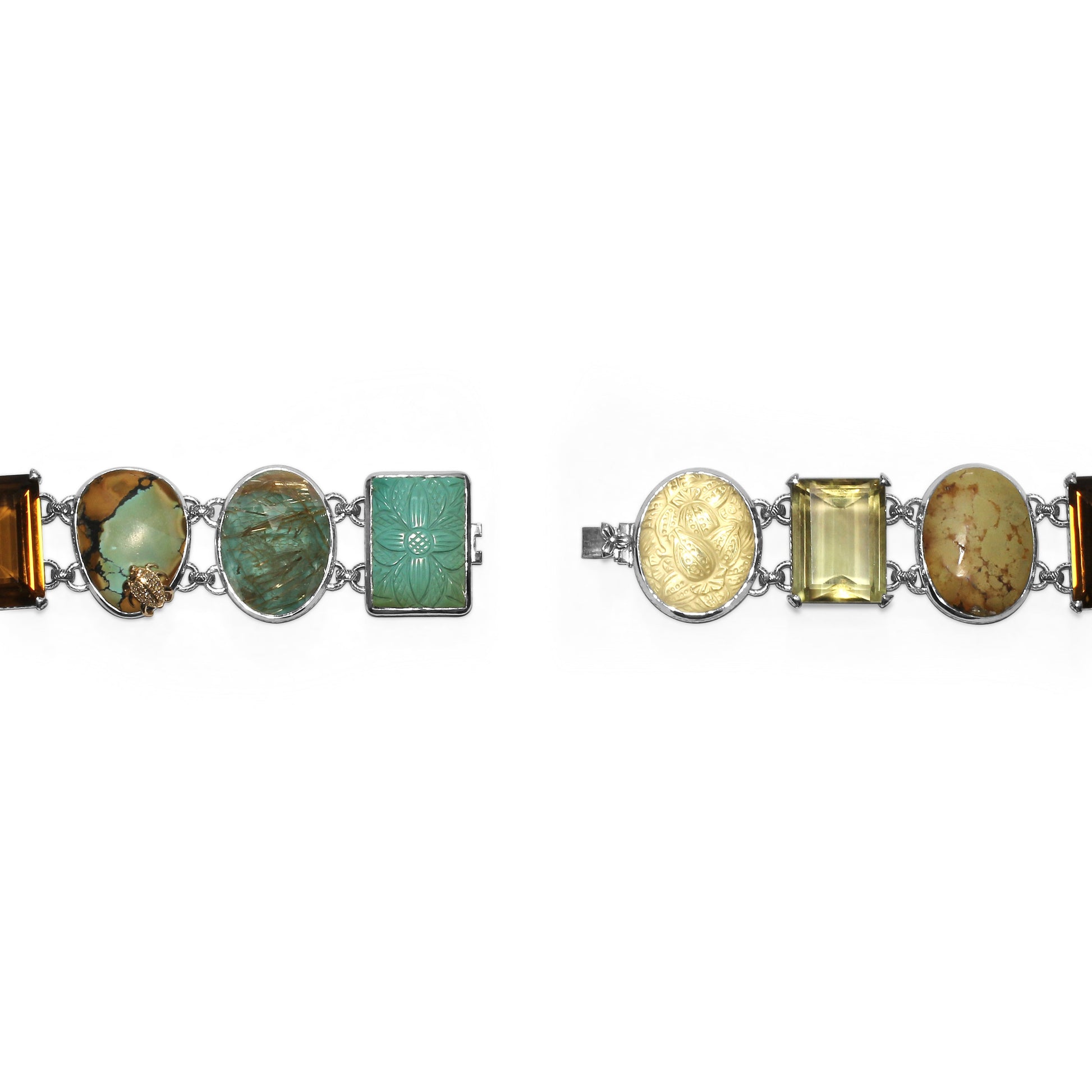 one-of-a-kind-citrine-carved-turquoise-cognac-turquoise-gold-rutilated-over-turquoise-carved-over-gold-plaque-and-diamond-0-13ct-bracelet-in-sterling-silver-with-18k-gold-diamond-pave-adam