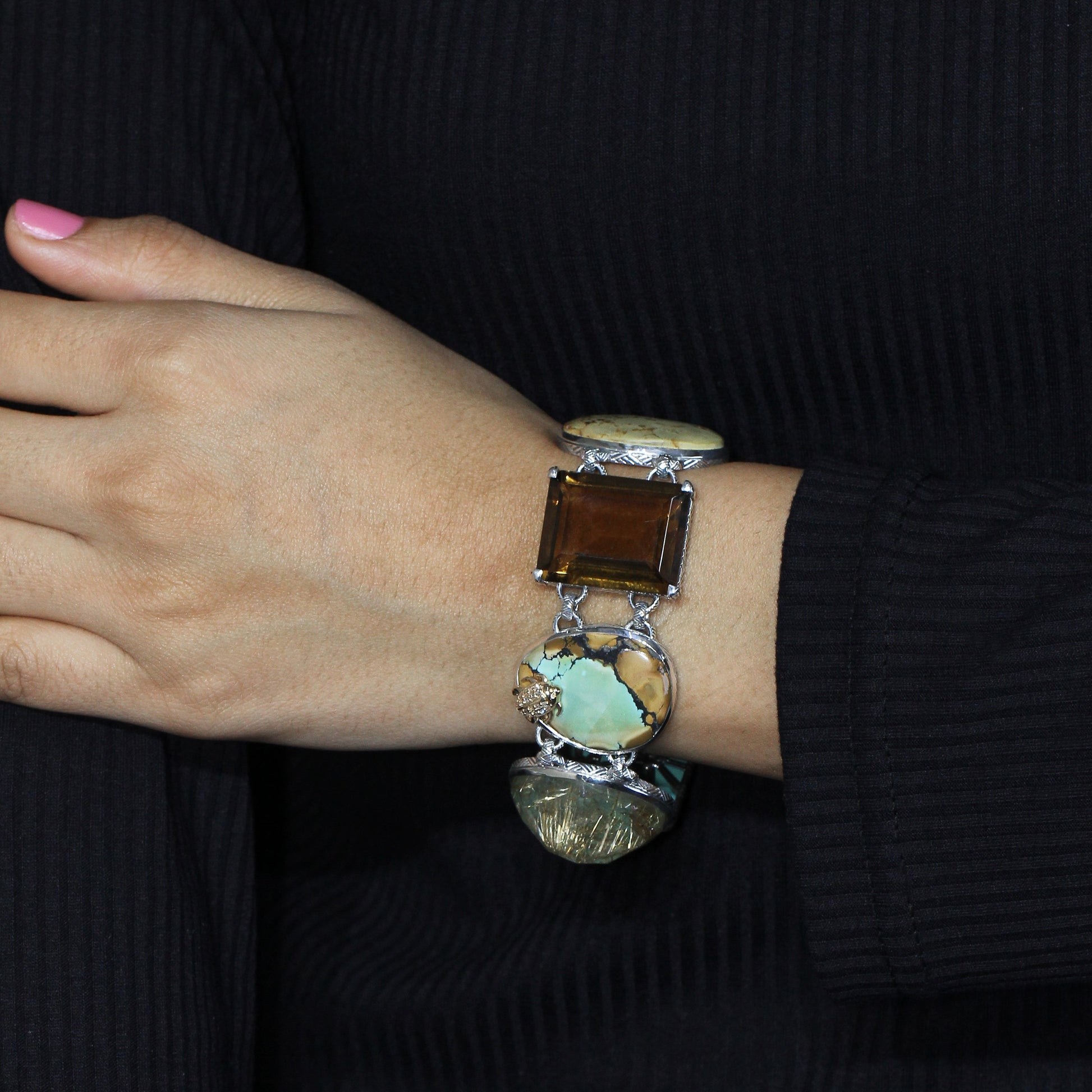 one-of-a-kind-citrine-carved-turquoise-cognac-turquoise-gold-rutilated-over-turquoise-carved-over-gold-plaque-and-diamond-0-13ct-bracelet-in-sterling-silver-with-18k-gold-diamond-pave-adam