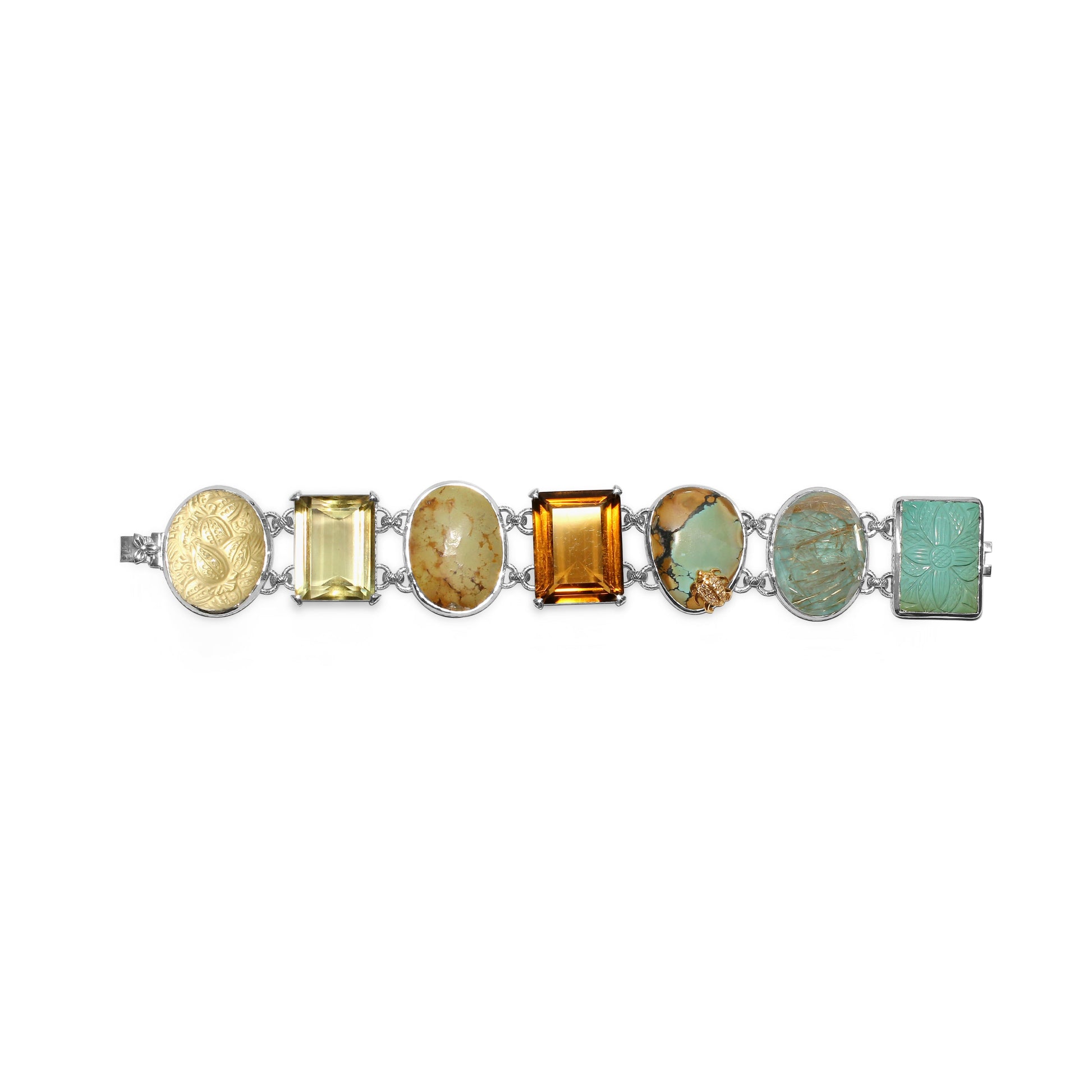 one-of-a-kind-citrine-carved-turquoise-cognac-turquoise-gold-rutilated-over-turquoise-carved-over-gold-plaque-and-diamond-0-13ct-bracelet-in-sterling-silver-with-18k-gold-diamond-pave-adam