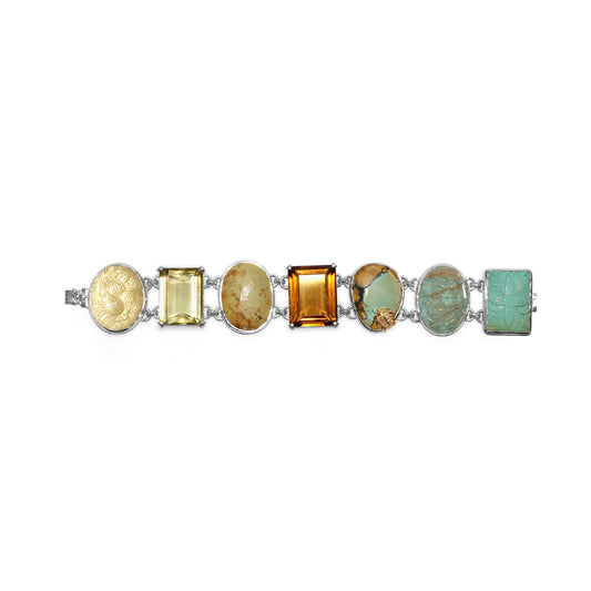 one-of-a-kind-citrine-carved-turquoise-cognac-turquoise-gold-rutilated-over-turquoise-carved-over-gold-plaque-and-diamond-0-13ct-bracelet-in-sterling-silver-with-18k-gold-diamond-pave-adam