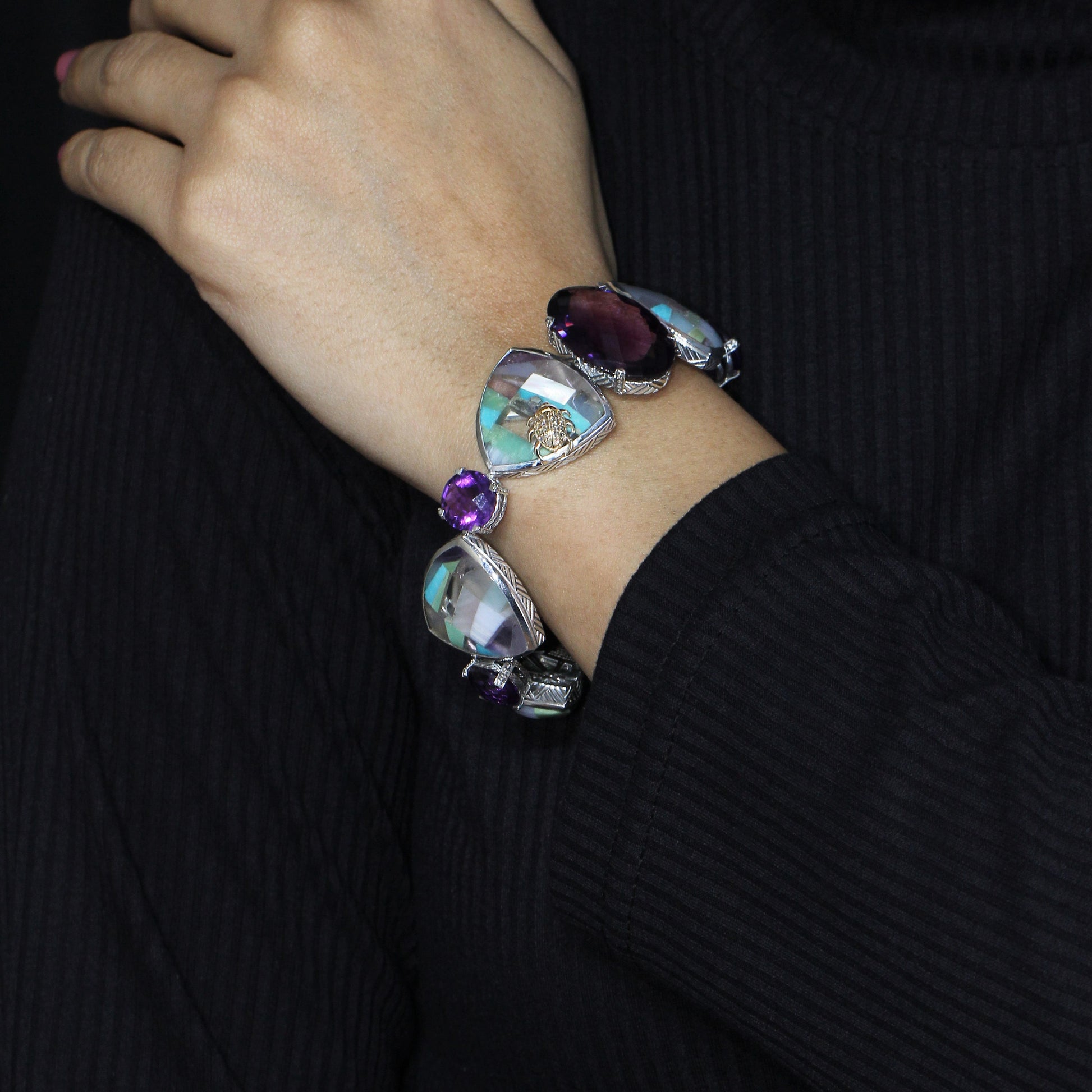 one-of-a-kind-facet-amethyst-pastel-color-mosaic-and-diamond-0-14ct-bracelet-in-sterling-silver-with-18k-gold-diamond-pave-adam