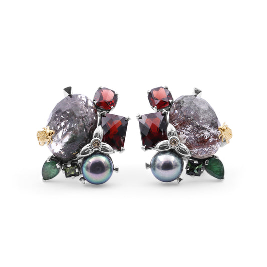 one-of-a-kind-green-tourmaline-facet-orissa-garnet-green-pearl-emerald-garnet-facet-flat-back-red-moss-quartz-and-diamond-0-04ct-earring-in-sterling-silver-with-18k-gold-adam