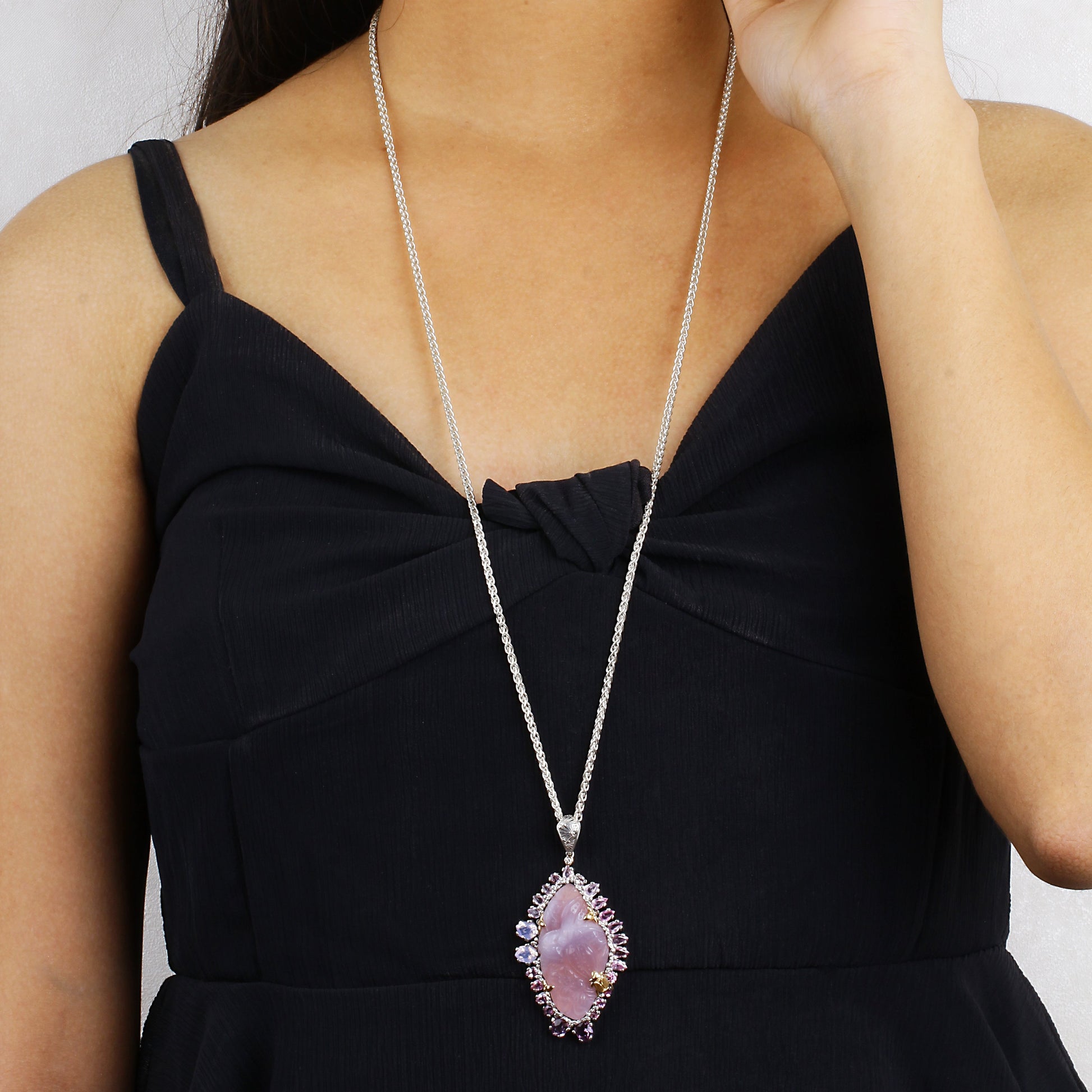 one-of-a-kind-hand-carved-yttrium-fluorite-pink-tourmaline-lavender-moon-quartz-amethyst-bloodstone-bead-and-diamond-pendant-in-sterling-silver-with-18k-gold-flowers-and-adam