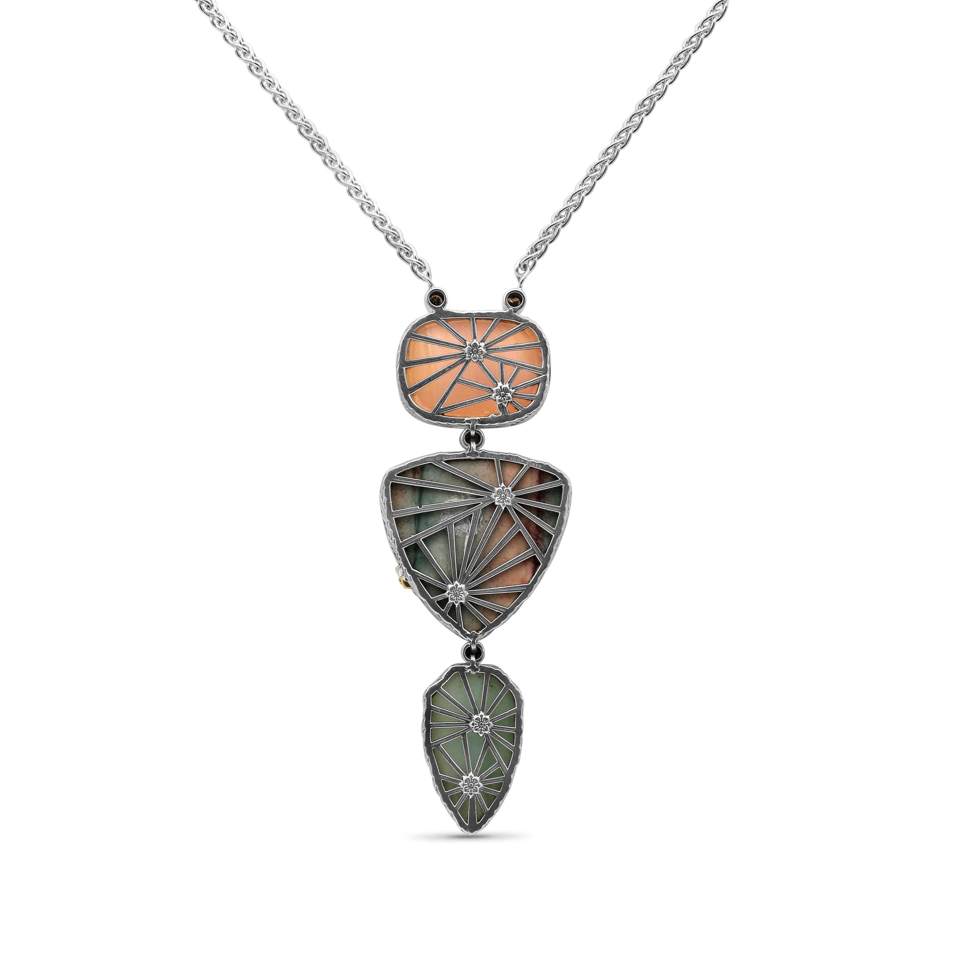 one-of-a-kind-smooth-sunset-jasper-facet-top-flat-back-pink-chalcedony-facet-top-natural-quartz-top-over-green-agate-and-0-28ct-diamond-pendant-in-sterling-silver-with-18k-gold-diamond-pave-adam