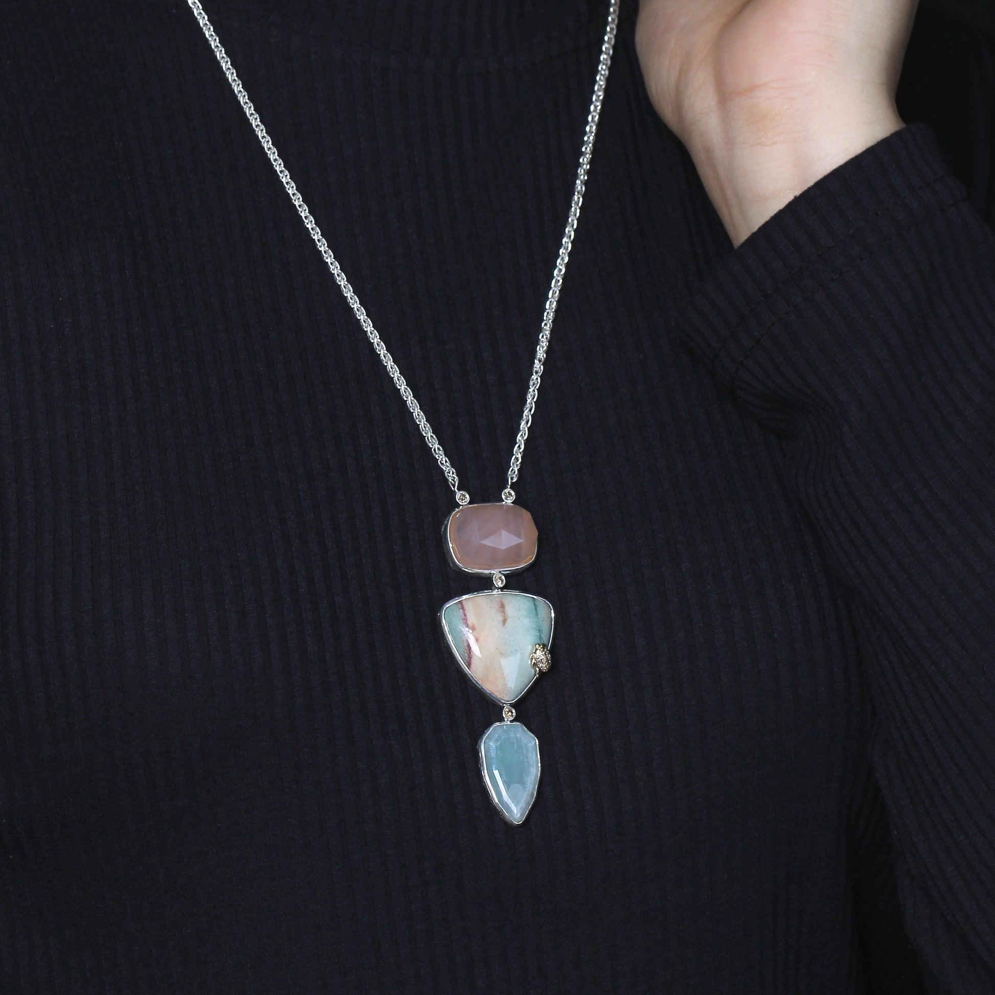 one-of-a-kind-smooth-sunset-jasper-facet-top-flat-back-pink-chalcedony-facet-top-natural-quartz-top-over-green-agate-and-0-28ct-diamond-pendant-in-sterling-silver-with-18k-gold-diamond-pave-adam