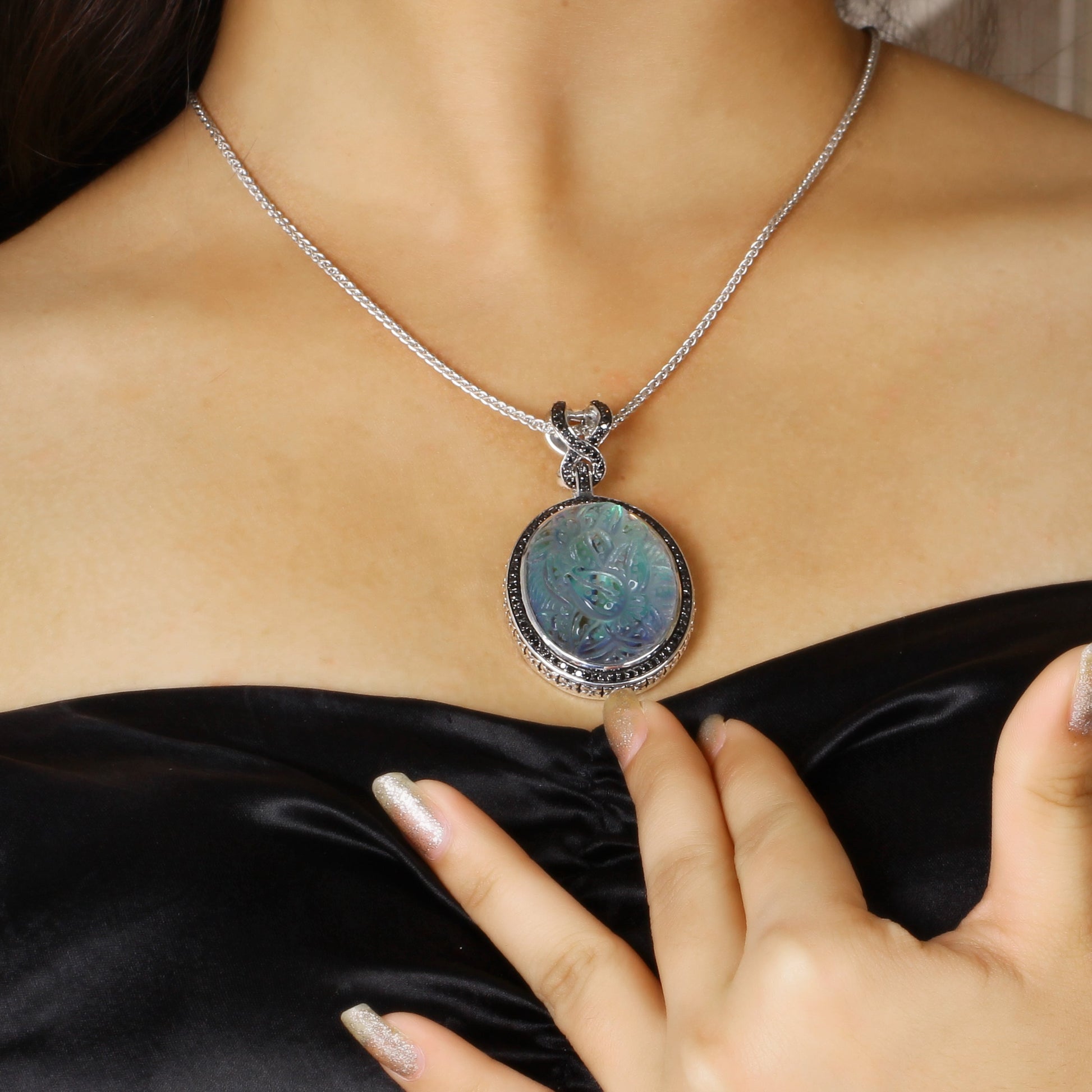carventurous-hand-carved-natural-quartz-abalone-and-black-diamond-1-12ct-pendant-in-sterling-silver