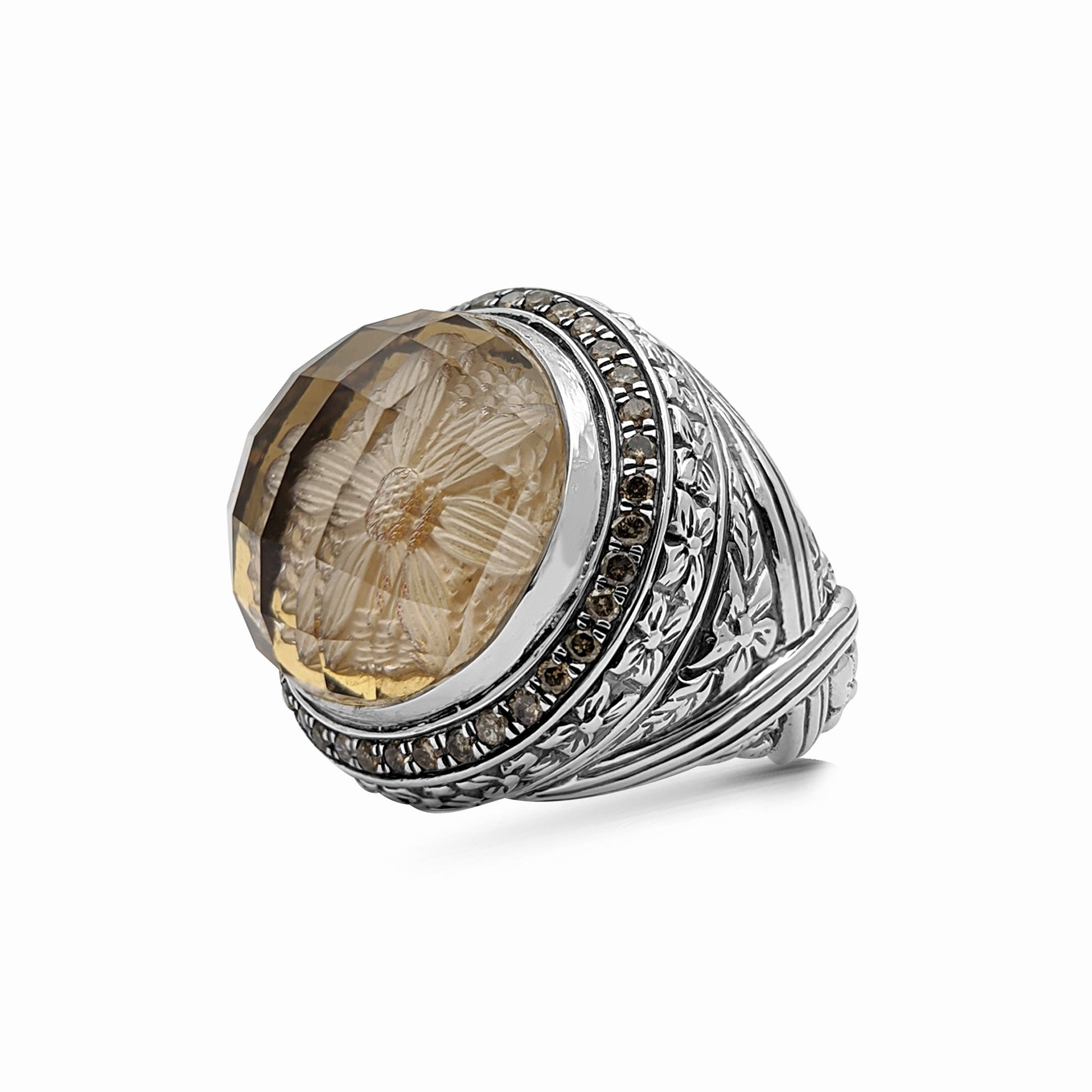 garden-of-stephen-internally-carved-smoky-quartz-and-champagne-diamond-0-55ct-ring-in-sterling-silver