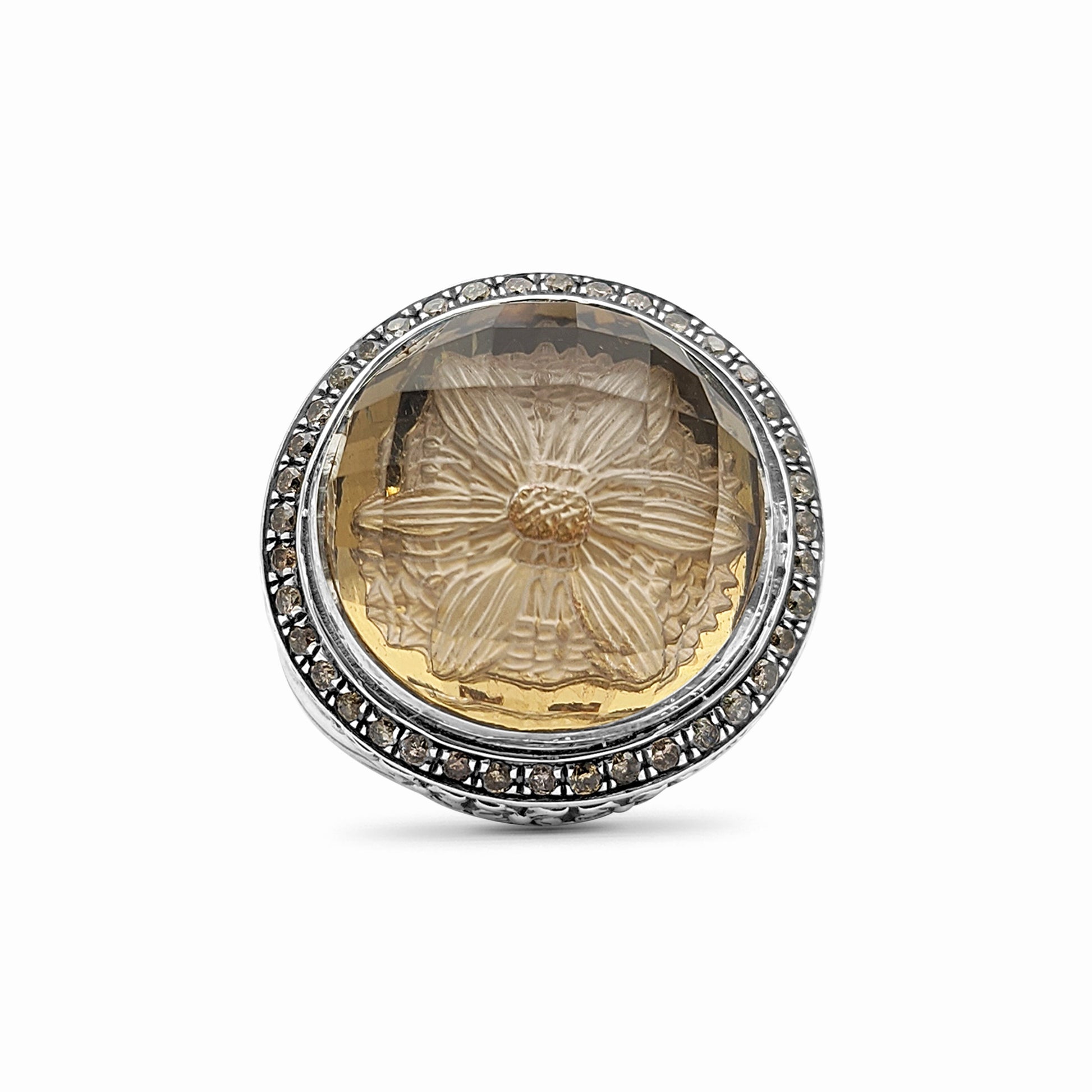 garden-of-stephen-internally-carved-smoky-quartz-and-champagne-diamond-0-55ct-ring-in-sterling-silver