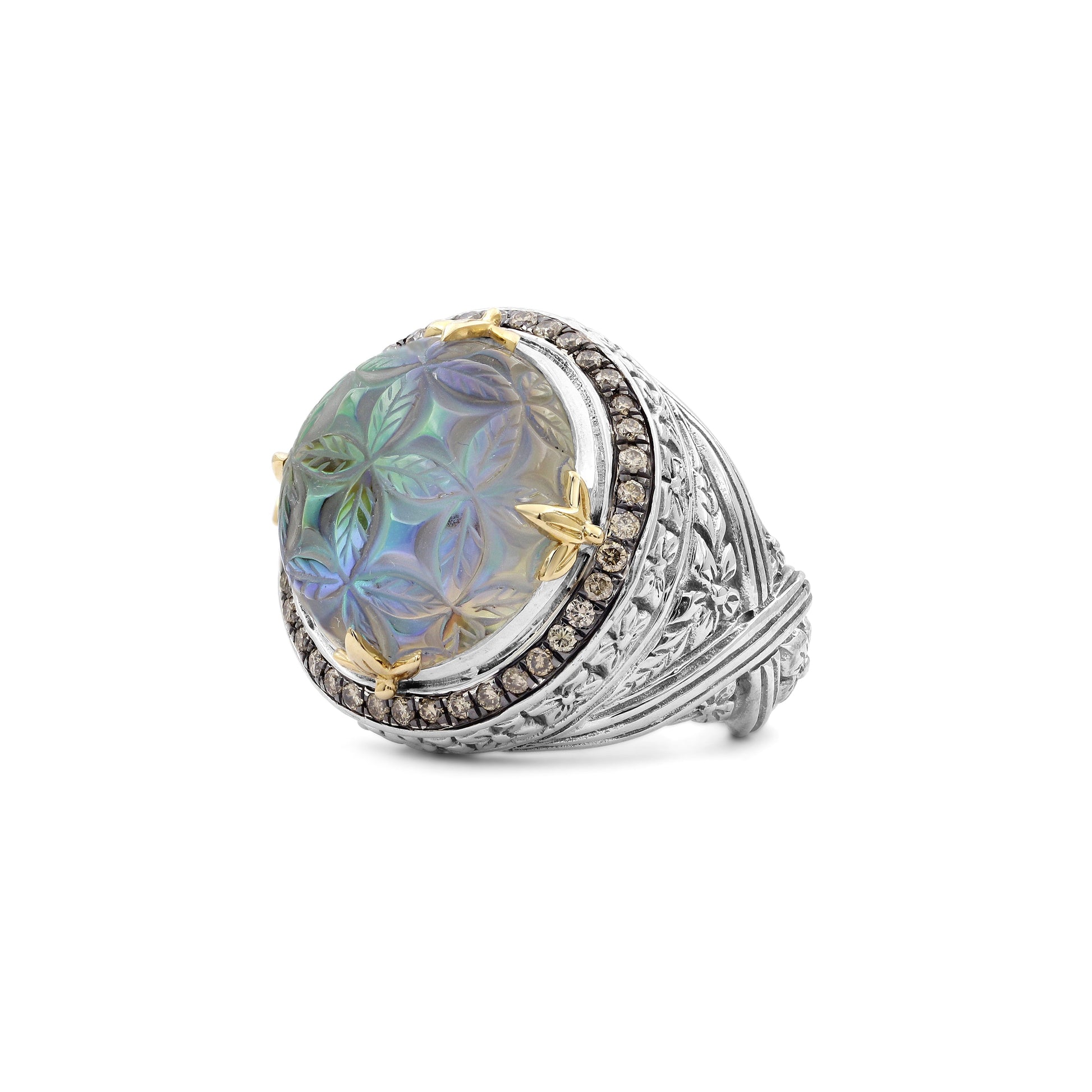 carventurous-hand-carved-natural-quartz-and-abalone-ring-in-sterling-silver-with-champagne-diamonds-and-18k-gold-flowers