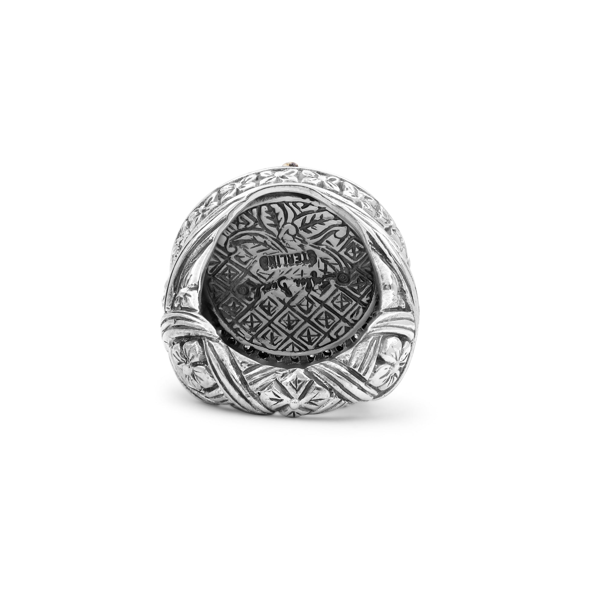 carventurous-hand-carved-natural-quartz-and-abalone-ring-in-sterling-silver-with-champagne-diamonds-and-18k-gold-flowers