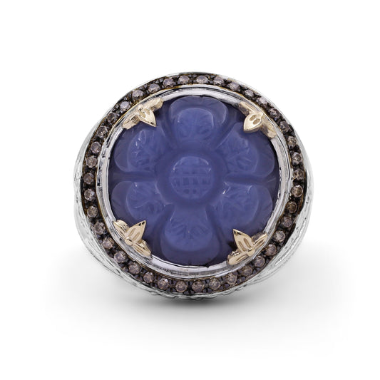 carventurous-hand-carved-chalcedony-ring-in-sterling-silver-with-champagne-diamonds-and-18k-gold-flowers