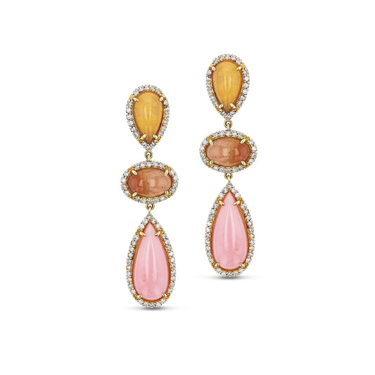 14k Opal & Watermelon Garnet Three Drop Earrings - One of Kind