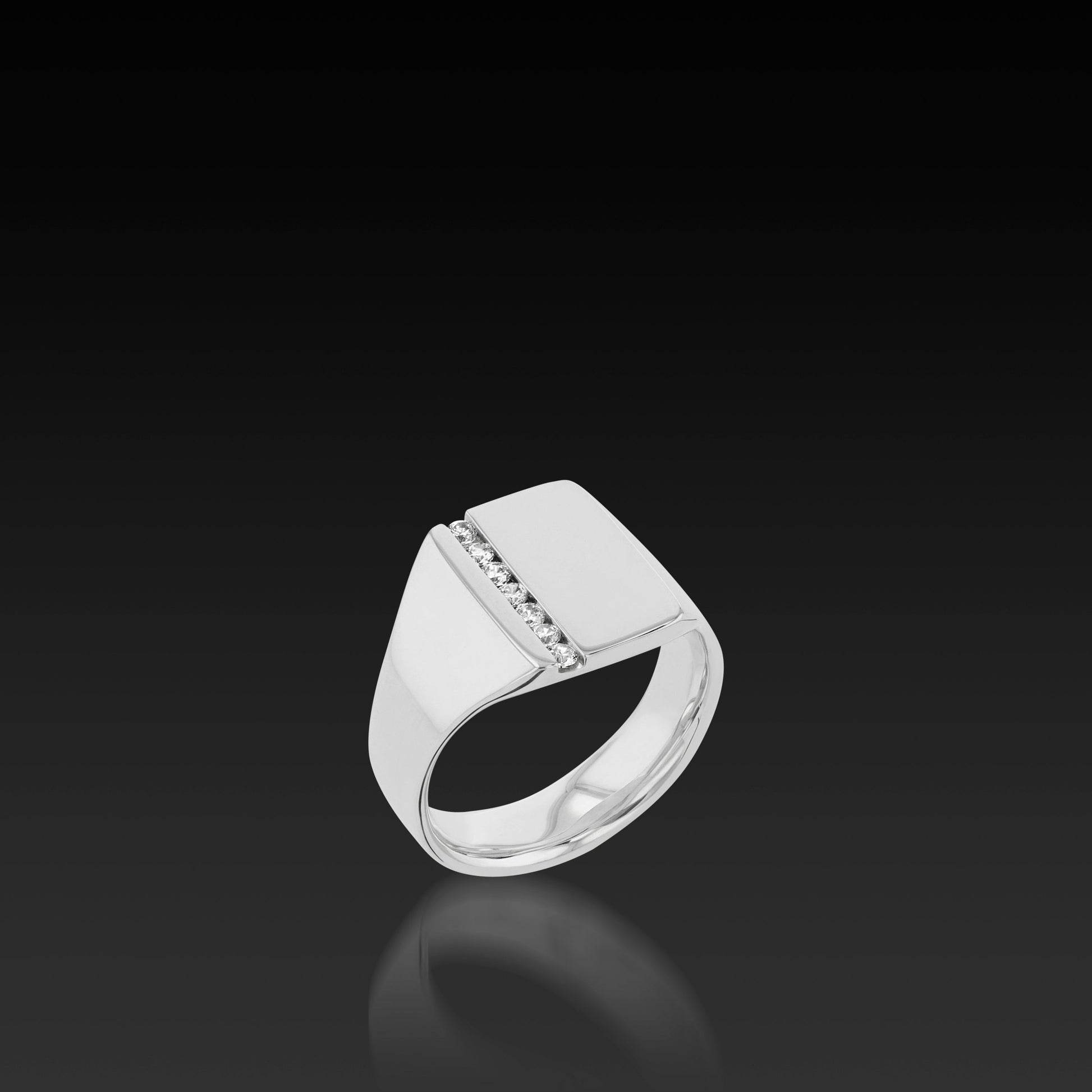 Palladium Silver Rectangle Signet Ring with Diamonds