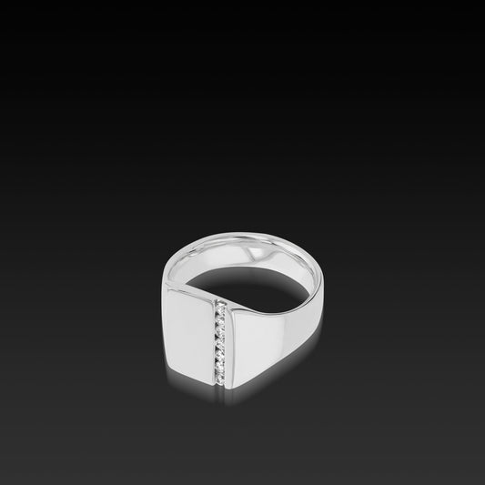 Palladium Silver Rectangle  Signet Ring with Diamonds