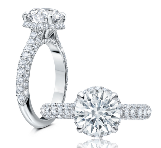 Peter Storm A dramatic piece, this ring has three rows of diamonds on the shank with a hidden halo under your chosen center stone WSM565_4DiaW WSM565_4DiaW