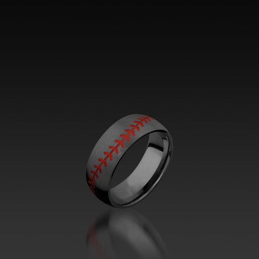 Black Zirconium Domed Band with Baseball Pattern