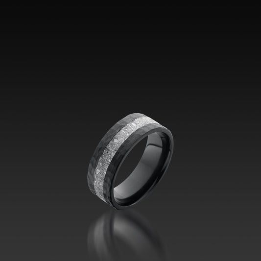 Black Zirconium Wide Flat Band with Meteorite