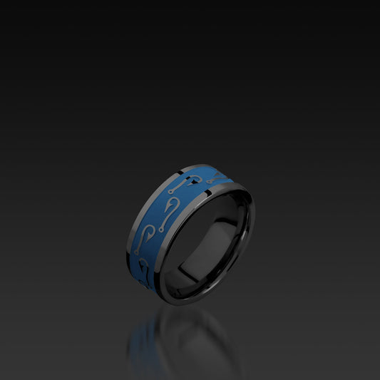 Black Zirconium Flat Band with Fish Hooks Pattern