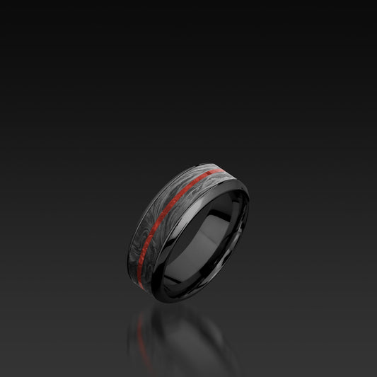 Black Zirconium Band with Carbon Fiber and Coral Inlay