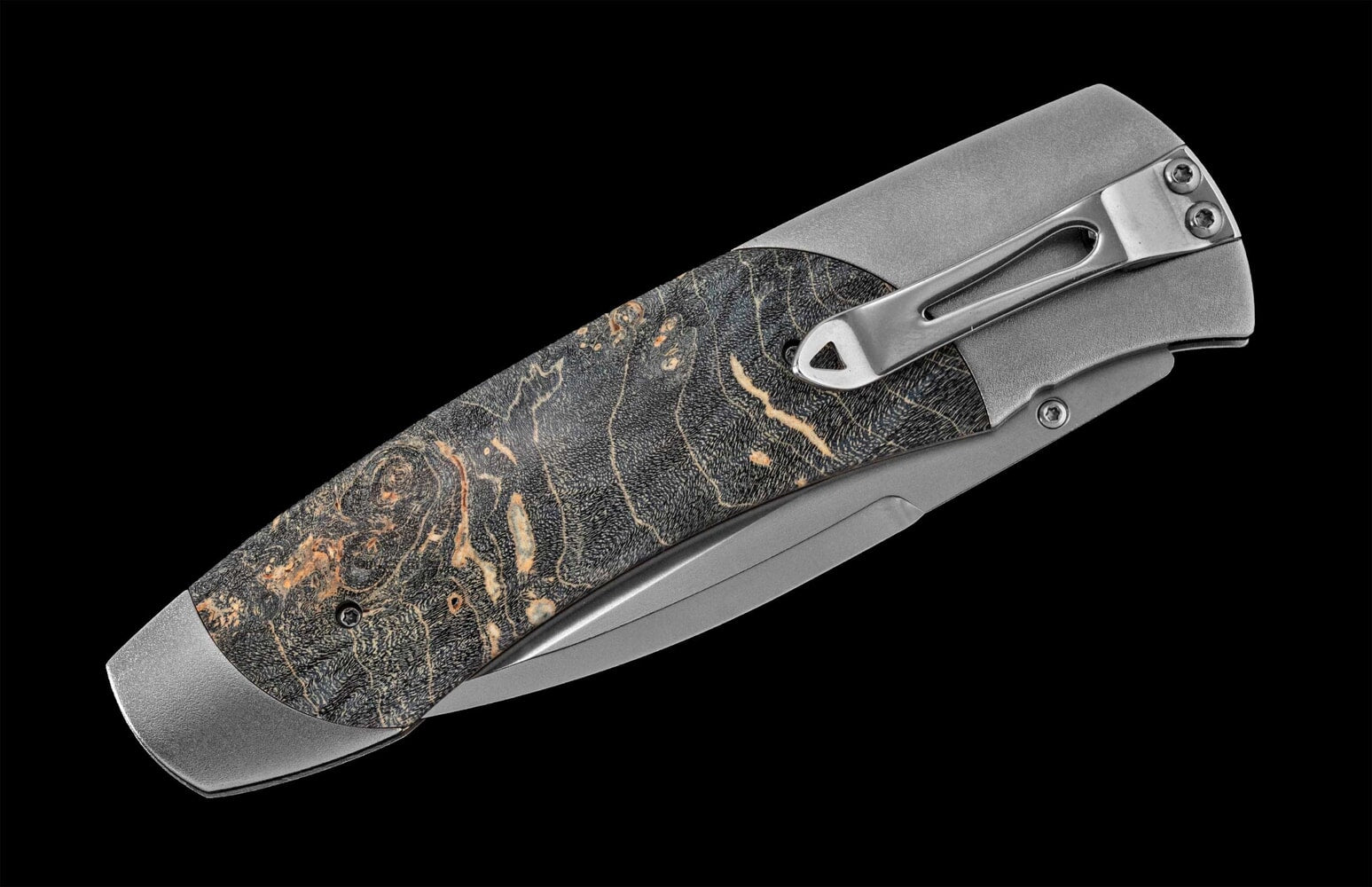 William Henry Titanium pocketknife with stainless blade and dyed gray maple burl wood A300-9