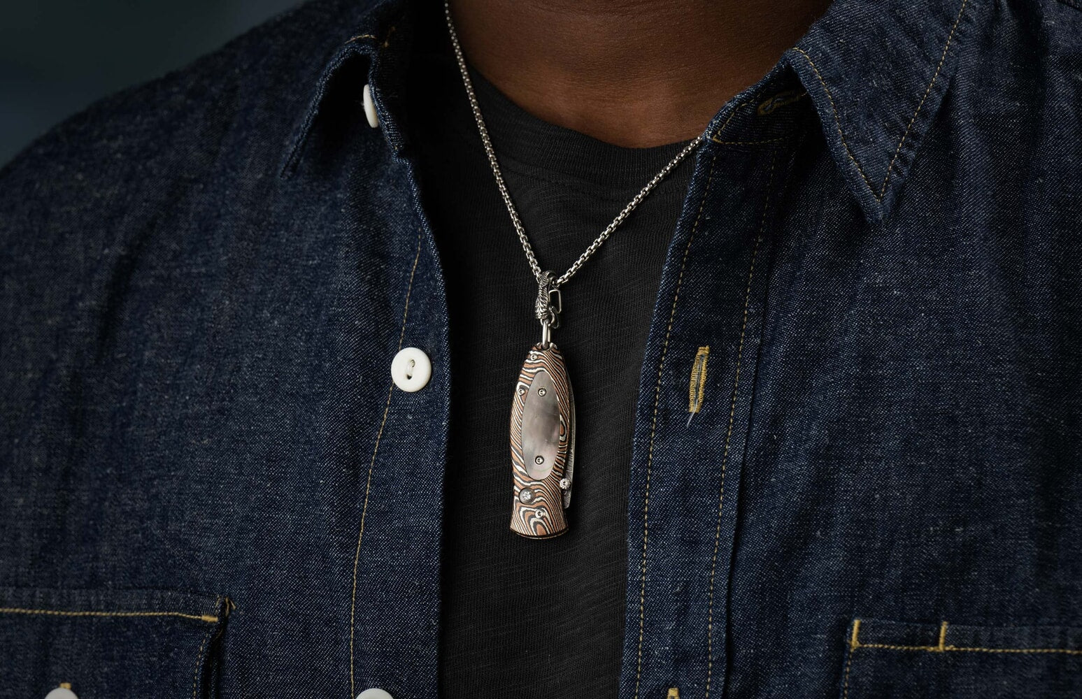 William Henry Knife pendant with mokume gane, black lip pearl, and damascus blade B02 DAYBREAK