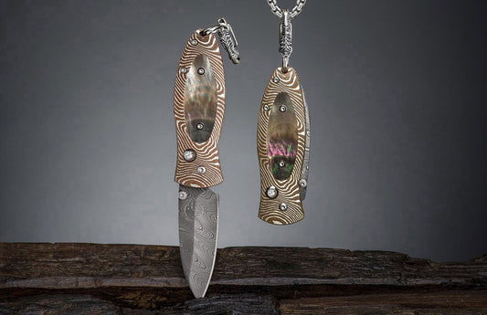 William Henry Knife pendant with mokume gane, black lip pearl, and damascus blade B02 DAYBREAK