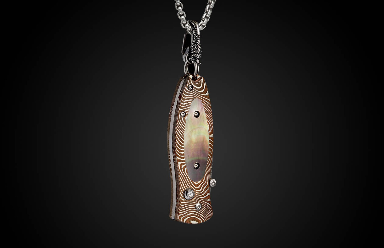 William Henry Knife pendant with mokume gane, black lip pearl, and damascus blade B02 DAYBREAK